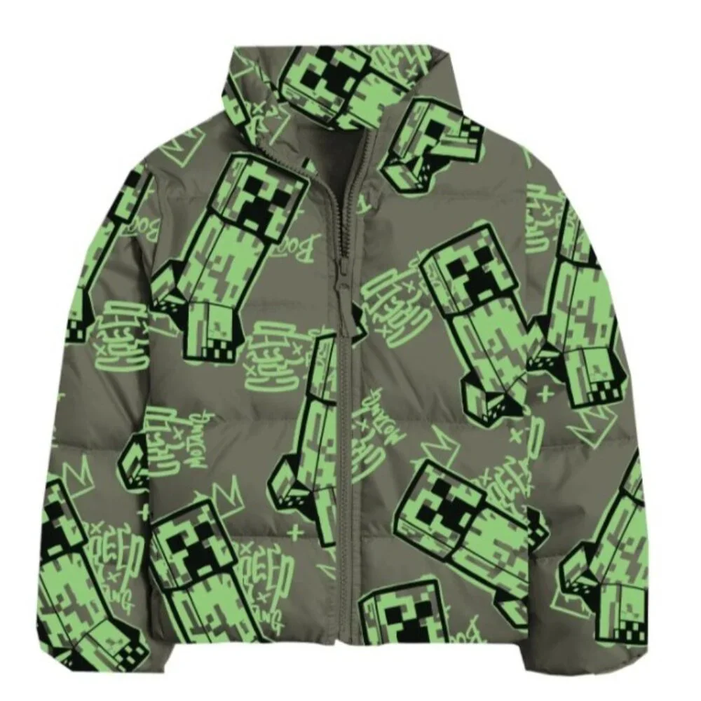 NEW Minecraft Boys Creeper Zip Puffer Jacket Lightweight Size 14 Zippered Size: